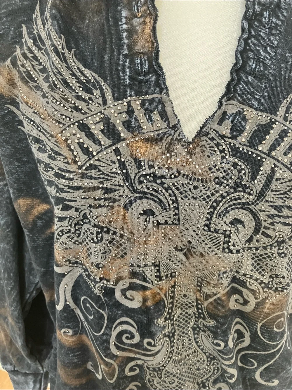 Affliction Women’s Black Distressed Hooded Sweatshirt Embellished Wing Design